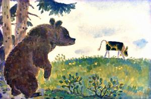 «Ишь, жирный какой, — думает Мишка-медведь, — съем бычка». Иллюстрация Р. Былинской к сказке «Бычок — смоляной бочок»
