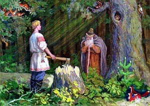 Дурень шёл-шёл и повстречал старика... Иллюстрация Н. Кочергина к русской народной сказке «Летучий корабль»