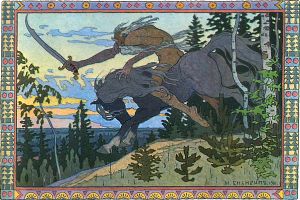— Нет, не утерплю, — говорит Кощей Бессмертный, — поеду в погоню. Иллюстрация И. Я. Билибина к русской народной сказке «Марья Моревна». 1901 г.