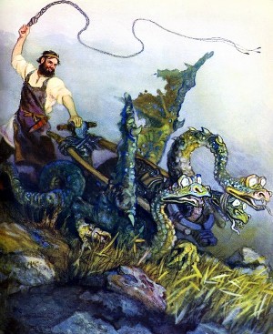 Никита Кожемяка и змей. Иллюстрация Н. Кочергина к сказке «Никита Кожемяка»
