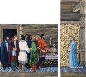 Царевна и семь богатырей. Иллюстрация к «Сказке о мертвой царевне и о семи богатырях». Художник И. Бруни, 1975-76