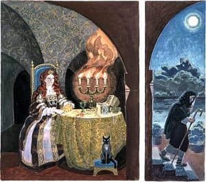 Так и так. Царица злая, ей рогаткой угрожая, положила иль не жить, иль царевну погубить... Иллюстрация к «Сказке о мертвой царевне и о семи богатырях». Художник И. Бруни, 1975-76