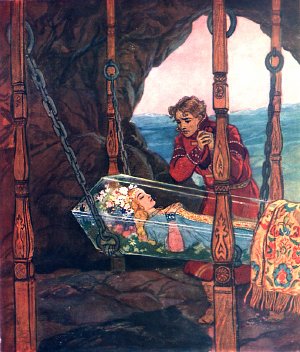 Царевна в хрустальном гробу. Иллюстрация В. Серова к «Сказке о мертвой царевне и о семи богатырях» А. Пушкина
