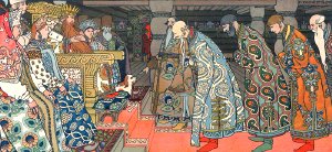 Царь Салтан и корабельщики. Иллюстрация к сказке о царе Салтане Пушкина. Художник И.А. Билибин