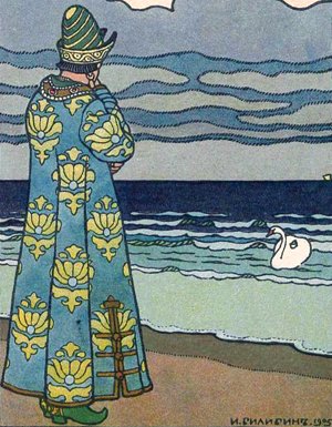 Князь Гвидон и лебедь. Иллюстрация к сказке о царе Салтане Пушкина. Художник И.А. Билибин