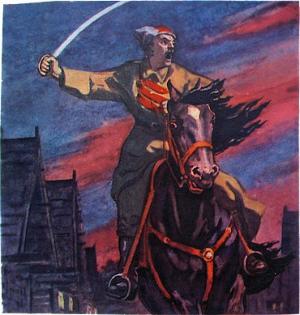 Конь — вороной, сабля — светлая, папаха — серая, а звезда — красная. Иллюстрация Ю. Рейнера к «Сказке о Военной тайне, о Мальчише-Кибальчише и его твёрдом слове» А. Гайдара