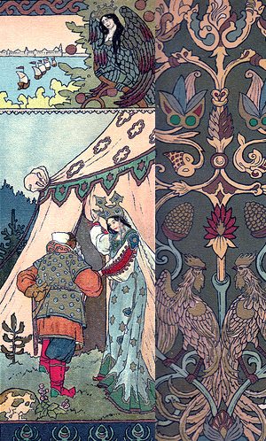 Царь Дадон и Шамаханская царица. Иллюстрация к «сказке о золотом петушке» Пушкина. Художник Борис Васильевич Зворыкин.