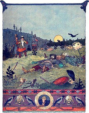 Сыновья Дадона. Иллюстрация к «сказке о золотом петушке» Пушкина. Художник Борис Васильевич Зворыкин.