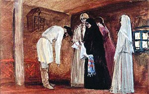 Кликнули мать-старушку; та как глянула на ширинку, в ту ж минуту признала: «Это моей дочки рукоделье!» Иллюстрация Р. Столярова к сказке «Пойди туда — не знаю куда, принеси то — не знаю что»