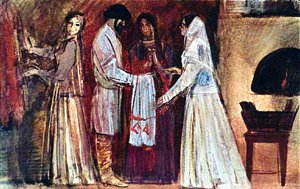 Он умылся ключевой водой, а полотенца не принимает. «У меня, — говорит, — своя ширинка; есть чем лицо утереть». Иллюстрация Р. Столярова к сказке «Пойди туда — не знаю куда, принеси то — не знаю что»