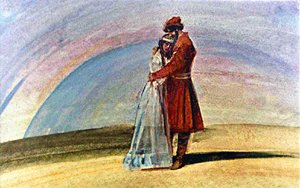 Обнялись они, поздоровались, стали друг друга расспрашивать, друг другу рассказывать. Иллюстрация Р. Столярова к сказке «Пойди туда — не знаю куда, принеси то — не знаю что»