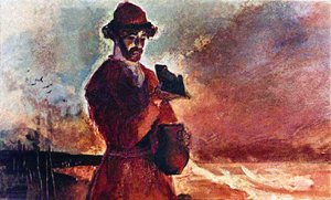 «Кваква! — говорит лягушка. — Выпусти меня из банки; надо нам через реку переправиться». Стрелец вынул ее из банки и пустил наземь. Иллюстрация Р. Столярова к сказке «Пойди туда — не знаю куда, принеси то — не знаю что»