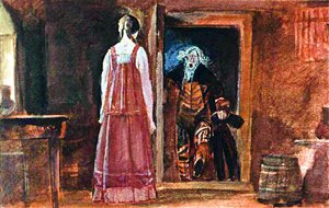 Входит в светлицу, видит — красота невообразимая! Иллюстрация Р. Столярова к сказке «Пойди туда — не знаю куда, принеси то — не знаю что»