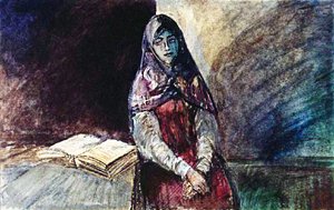 Жена стрельца с волшебной книгой. Иллюстрация Р. Столярова к сказке «Пойди туда — не знаю куда, принеси то — не знаю что»