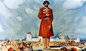 Когда кончилось сражение, собрался народ и начал стрельца просить, чтобы взял в свои руки все государство. Иллюстрация Р. Столярова к сказке «Пойди туда — не знаю куда, принеси то — не знаю что»