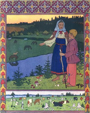 — Не пей, братец, жеребеночком станешь. Иллюстрация И. Я. Билибина к сказке «Сестрица Алёнушка и братец Иванушка». 1901 г.