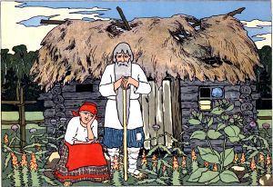 Жили-были дед да баба. И были они бедные-пребедные. Иллюстрация А. В. Неручева к сказке «Смоляной бычок». Издание 1912 г.