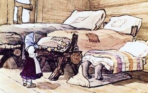 Три кровати: одна большая — Михайлы Иванычева, другая средняя — Настасьи Петровнина, третья маленькая — Мишенькина. Иллюстрация Л. Ходакова к русской народной сказке «Три медведя»