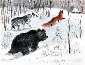Медведь, волк и лиса пошли к избушке. Иллюстрация Д. Горлова к русской народной сказке «Зимовье зверей»