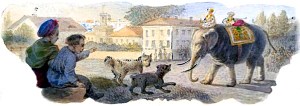 Иллюстрация к басне И. А. Крылова «Слон и Моська». Рисунок в альбоме эскизов для чайного сервиза на темы басен И. А. Крылова. Неизвестный художник, 1876 г.