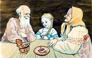 Обрадовались старики, привели ее в избу. Глядят на нее, не налюбуются. Иллюстрация Л. Ходакова к русской народной сказке «Снегурочка»