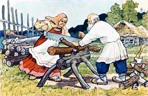 Жили-были старик со старухой. Жили ладно, дружно... Иллюстрация Л. Ходакова к русской народной сказке «Снегурочка»