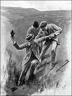 Потянувшись туда, Холмс сразу ушел по пояс в тину, и если б не мы, вряд ли ему удалось бы когда-нибудь почувствовать под ногой твердую землю. Он держал в руке старый черный башмак. Иллюстрация к детективной повести Артура Конан Дойла «Собака Баскервилей». Художник Сидни Пэджет, 1901-1902
