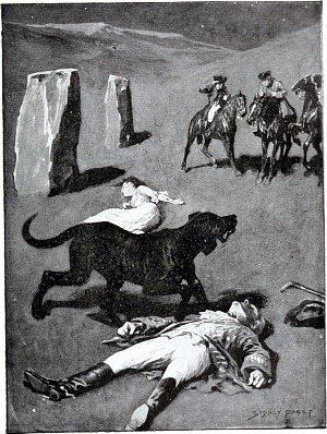 Луна ярко освещала лужайку, посреди которой лежала несчастная девица, скончавшаяся от страха и потери сил. Но не при виде ее бездыханного тела и не при виде лежащего рядом тела Гуго Баскервиля почувствовали трое бесшабашных гуляк, как волосы зашевелились у них на голове. Нет! Над Гуго стояло мерзкое чудовище — огромный, черной масти зверь, сходный видом с собакой, но выше и крупнее всех собак, каких когда-либо приходилось видеть смертному. И это чудовище у них на глазах растерзало горло Гуго Баскервилю и, повернув к ним свою окровавленную морду, сверкнуло горящими глазами. Иллюстрация к детективной повести Артура Конан Дойла «Собака Баскервилей». Художник Сидни Пэджет, 1901-1902