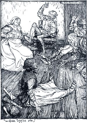 Старуха — шлеп, вопит, кряхтит, давясь; кругом хохочут, за бока держась. Иллюстрация Артура Рэкема (1908) к комедии Уильяма Шекспира «Сон в летнюю ночь» (1595/96)