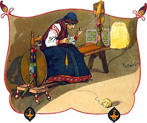 Старушоночка с веретеном. Иллюстрация В. Курдюмова к сказке Жуковского «Спящая царевна»