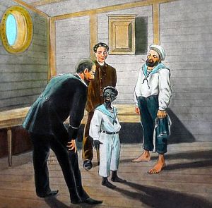 Максимке одевают матроскую одежду. Мастерская картин для волшебных фонарей В. Перес. Картины для волшебного фонаря. Конец XIX - начало XX вв.