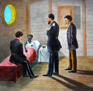 Разговор мичмана с Максимкой. Иллюстрация к рассказу К. М. Станюковича «Максимка». Мастерская картин для волшебных фонарей В. Перес. Конец XIX - начало XX в. в.