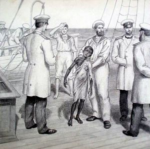 Поддерживаемый одним из гребцов, на палубу вышел и спасенный — маленький негр, лет десяти — одиннадцати, весь мокрый, в рваной рубашке, прикрывавшей небольшую часть его худого, истощенного, черного, отливавшего глянцем тела. Иллюстрация к рассказу К. М. Станюковича «Максимка». Ф. Рерберг, 1900 г.