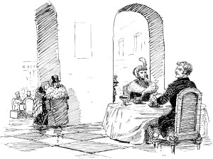 Молодой человек (должник) и дама за столиком. Иллюстрация к рассказу Н. С. Лескова «Старый гений». Художник Каневский Аминадав Моисеевич, 1946