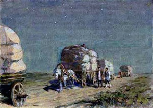 ... в трескотне насекомых, в подозрительных фигурах и курганах, в глубоком небе, в лунном свете, в полете ночной птицы, во всем, что видишь и слышишь, начинают чудиться торжество красоты, молодость, расцвет сил и страстная жажда жизни; душа дает отклик прекрасной, суровой родине, и хочется лететь над степью вместе с ночной птицей. Иллюстрация Боима к повести Чехова «Степь»