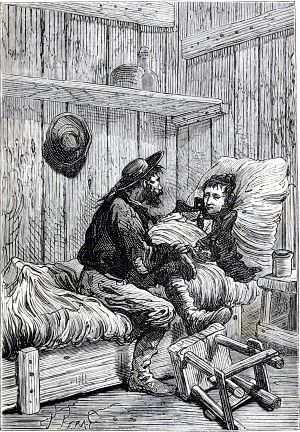 — Я еще очень слаб, мой бедный Пенкроф. Иллюстрация к роману Жюля Верна «Таинственный остров». Художник Жюль-Декарт Фера, 1874-1875 гг.