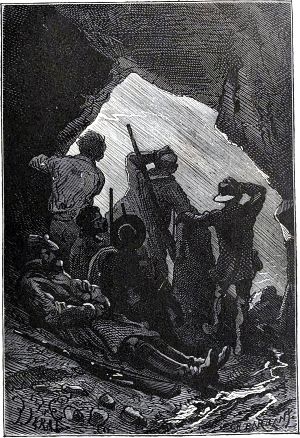 Начался дождь, и вскоре облака, освещенные молниями, разразились ливнем. В раскатах грома, которые повторяло эхо, было что-то грандиозное. Иллюстрация к роману Жюля Верна «Таинственный остров». Художник Жюль-Декарт Фера, 1874-1875 гг.