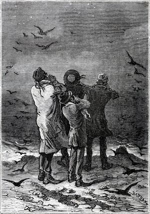 И все четверо в один голос громко закричали. Иллюстрация к роману Жюля Верна «Таинственный остров». Художник Жюль-Декарт Фера, 1874-1875 гг.