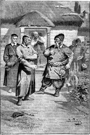 — Ну, давай на кулаки! — говорил Тарас Бульба, засучив рукава, — посмотрю я, что за человек ты в кулаке! Иллюстрация к повести Н. В. Гоголя «Тарас Бульба». Художник Захар Ефимович Пичугин, 1911 г.
