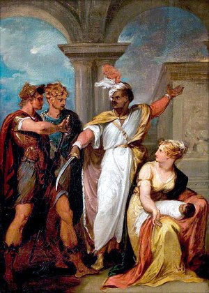 Тит Андроник, Акт IV, Сцена 2. Хирон, Деметрий, Аарон Мавр, кормилица и ребенок. Художник Томас Кирк, около 1796 г.