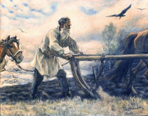 Лев Толстой за плугом. 1903. Художник Леонид Пастернак