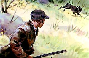 Булька и охотник. Иллюстрация Б. Игнатьева к рассказу Л. Н. Толстого «Булька и кабан»