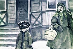 Шла мимо школы баба с ведром и говорит: все учатся, а ты что тут стоишь? Иллюстрация Р. Былинской к рассказу Льва Николаевича Толстого «Филипок»