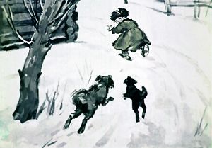 Филипок бросился бежать, собаки за ним. Иллюстрация Р. Былинской к рассказу Льва Николаевича Толстого «Филипок»