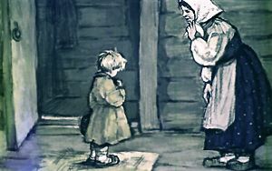Филипп взял шапку и хотел тоже идти. Но мать оставила его дома. Иллюстрация Р. Былинской к рассказу Льва Николаевича Толстого «Филипок»