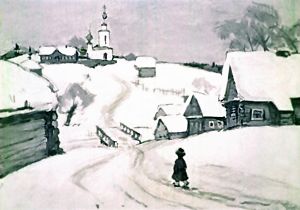Школа была за селом у церкви. Иллюстрация Р. Былинской к рассказу Льва Николаевича Толстого «Филипок»