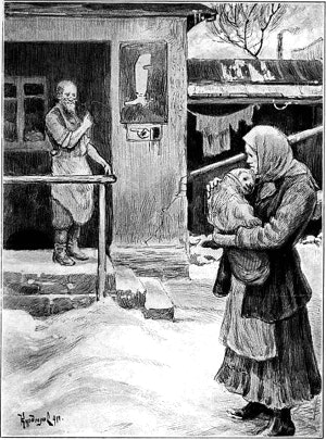 — Умница! а умница! — Женщина услыхала и обернулась. — Что же так на холоду с ребеночком стоишь? Заходи в горницу, в тепле-то лучше уберешь его. Сюда вот. Иллюстрация к рассказу Л. Н. Толстого «Где любовь, там и Бог». Художник В. Н. Курдюмов, 1911 г.