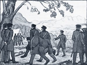 Я, прапорщик Д. и поручик О. проиграли сряду две партии и к общему удовольствию и смеху зрителей — офицеров, солдат и денщиков, глядевших на нас из своих палаток,— провезли два раза на своих спинах выигравшую партию от одного кона до другого. Иллюстрация к рассказу Л. Н. Толстого «Разжалованный. Из кавказских воспоминаний»