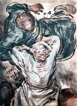 Печенежский силач хотел поднять Ивана и перекинуть через себя его, но Иван так крепко сжал печенега, что он не мог дышать и захрипел. Тогда Иван приподнял его, шмякнул об землю и расшиб до смерти. Иллюстрация к рассказу Л. Толстого «Как боролся русский богатырь». Художник В. Бескаравайный, 1980