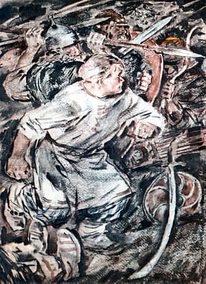 И русские побили их. Иллюстрация к рассказу Л. Толстого «Как боролся русский богатырь». Художник В. Бескаравайный, 1980